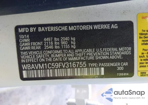 2015 BMW X1 Sdrive28I из США, поврежденный, VIN WBAVM1C59FV316755